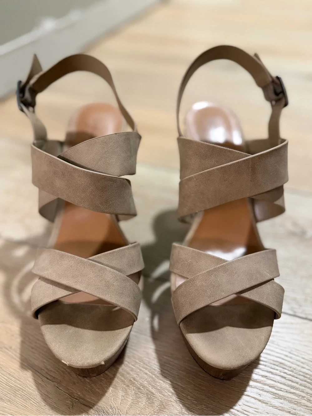 Women's Taupe Crossband Wedge Sandals with Ankle Strap